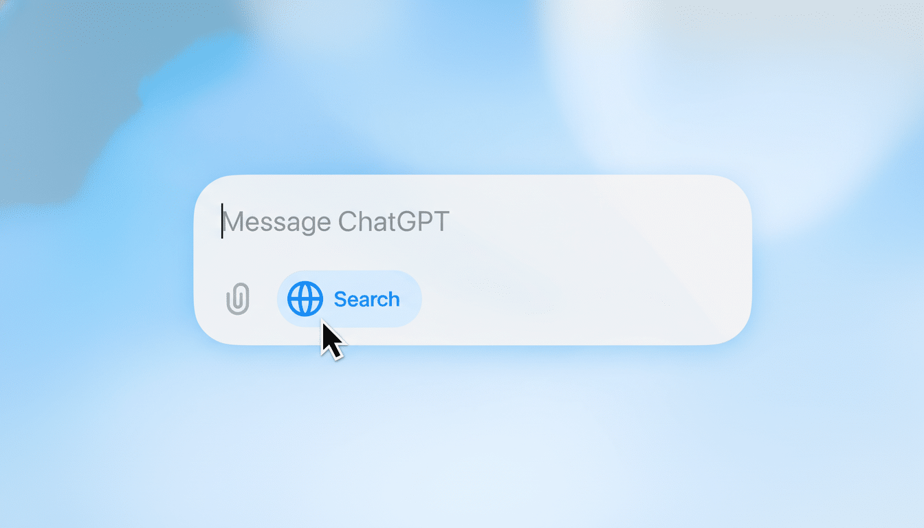 A close-up of a message input field with Message ChatGPT as a placeholder, and a Search button with a globe icon, all set against a soft blue background.