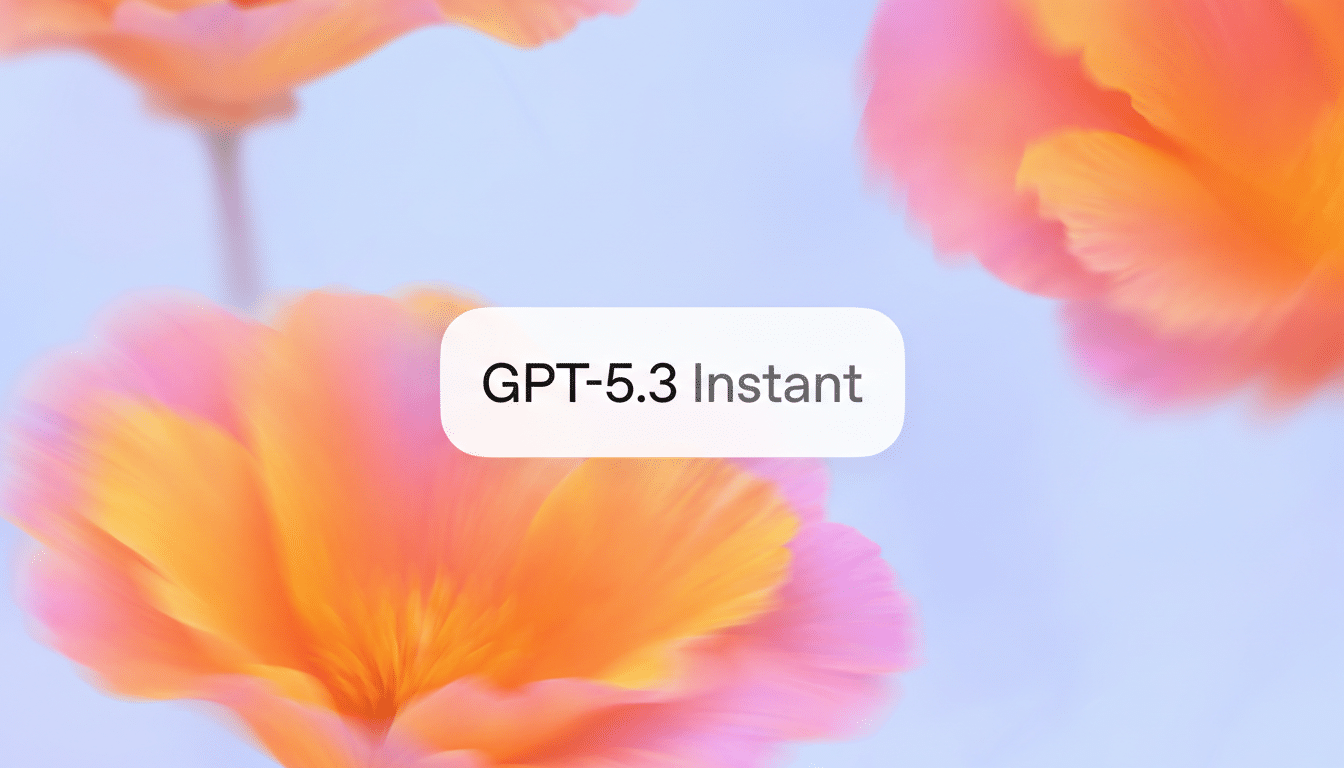 The image displays a white rectangular button with rounded corners, centered on a soft, blurred background of pink and orange flowers. The button reads GPT-5.3 Instant in a dark gray sans-serif font. The overall aspect ratio is 16:9.