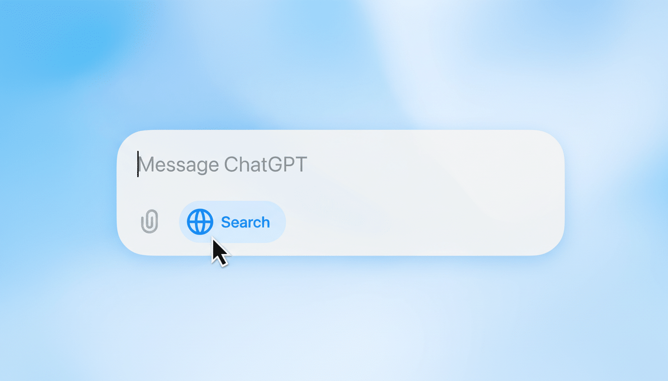 A close-up of a message bar with Message ChatGPT typed in, and a cursor hovering over a Search button with a globe icon. The image has been resized to a 16:9 aspect ratio.