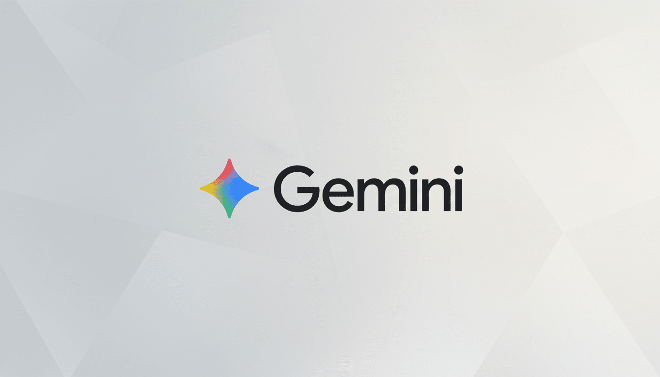 The Gemini logo, featuring a colorful, four-pointed star icon to the left of the word Gemini in black text, set against a professional light gray background with subtle geometric patterns.