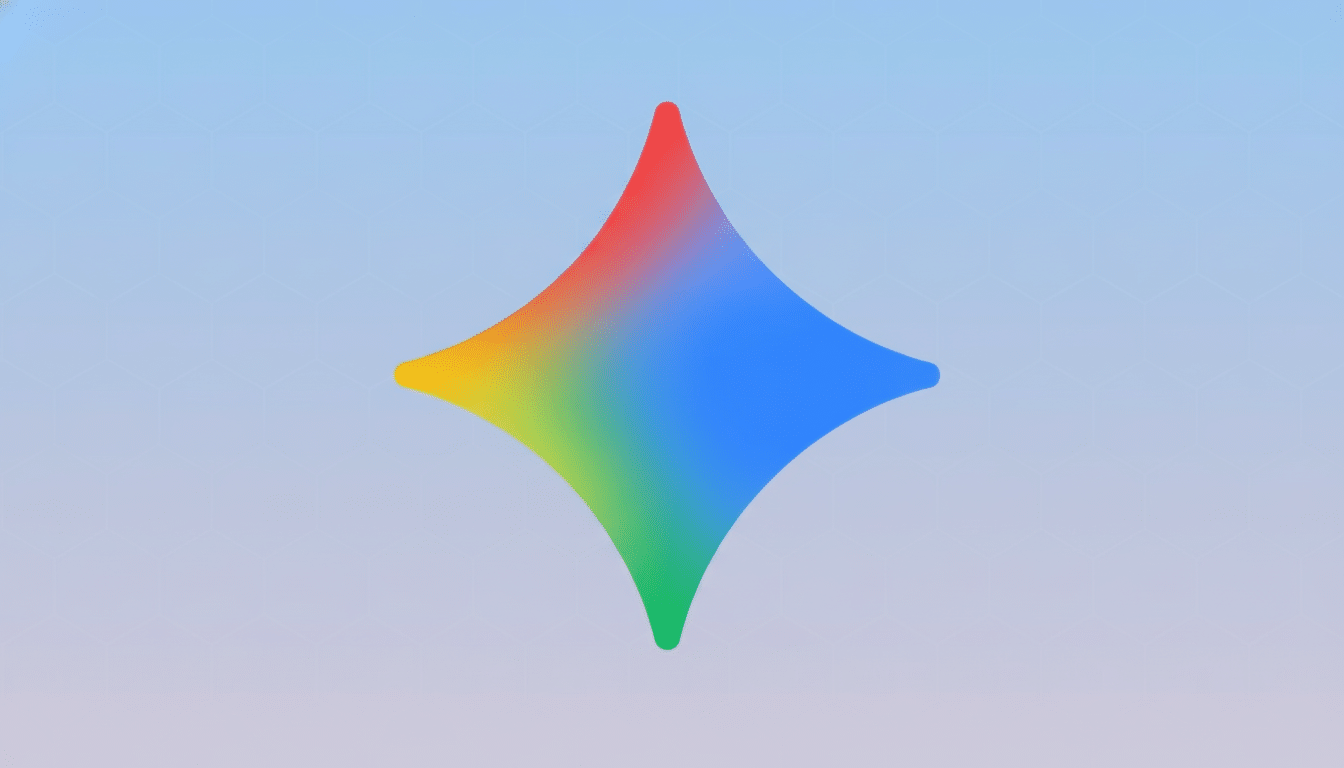 A colorful, four-pointed star-like shape with a gradient of red, yellow, green, and blue, set against a light blue background with a subtle hexagonal pattern.