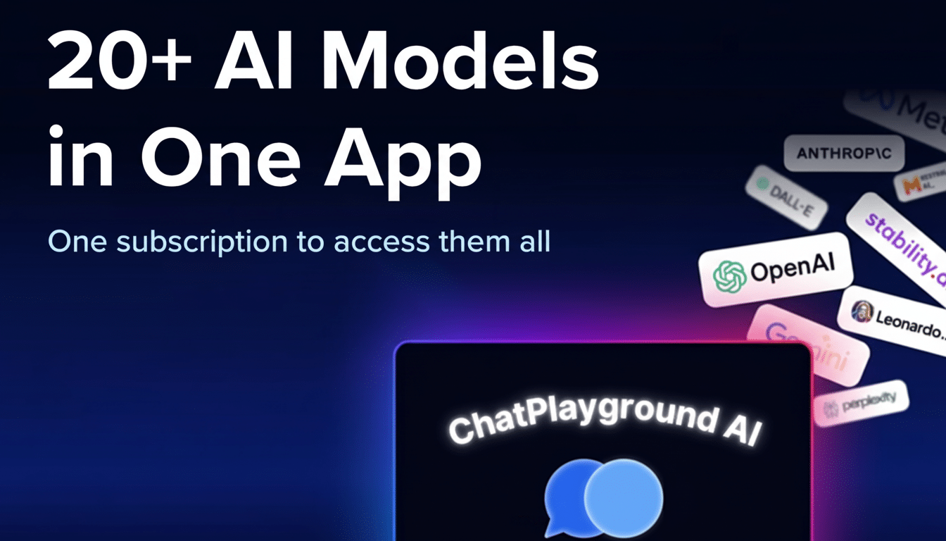 A dark blue background with the text 20+ AI Models in One App and One subscription to access them all. Various AI company logos like OpenAI, DALL-E, Anthropic, and Stability.ai are scattered on the right. At the bottom, a screen displays ChatPlayground AI with two blue chat bubbles.