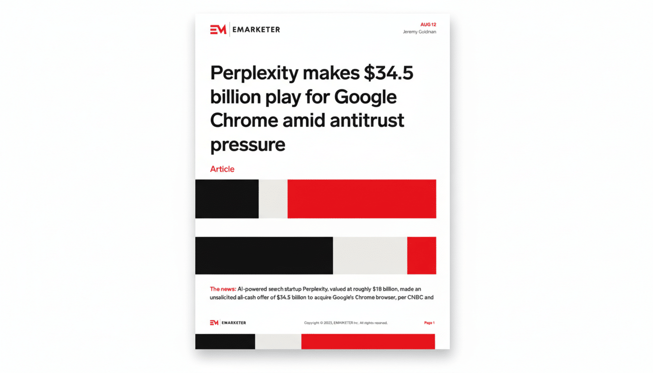 A document titled Perplexity makes $34.5 billion play for Google Chrome amid antitrust pressure with a white background and red and black graphic elements.