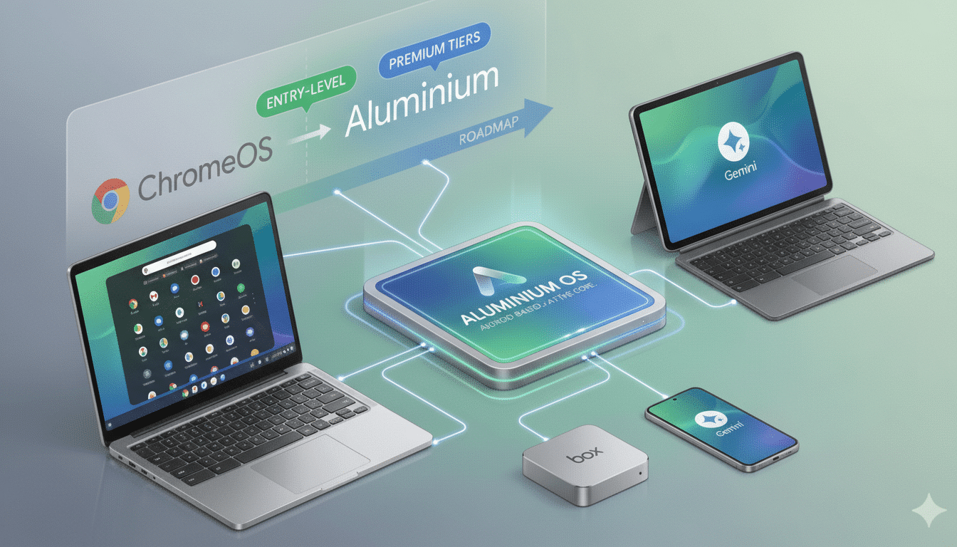 A professional image showcasing various devices (laptops, tablet, smartphone, and a small box) connected to a central Aluminium OS module, with a roadmap indicating a progression from ChromeOS to Aluminium for Entry-Level and Premium Tiers.