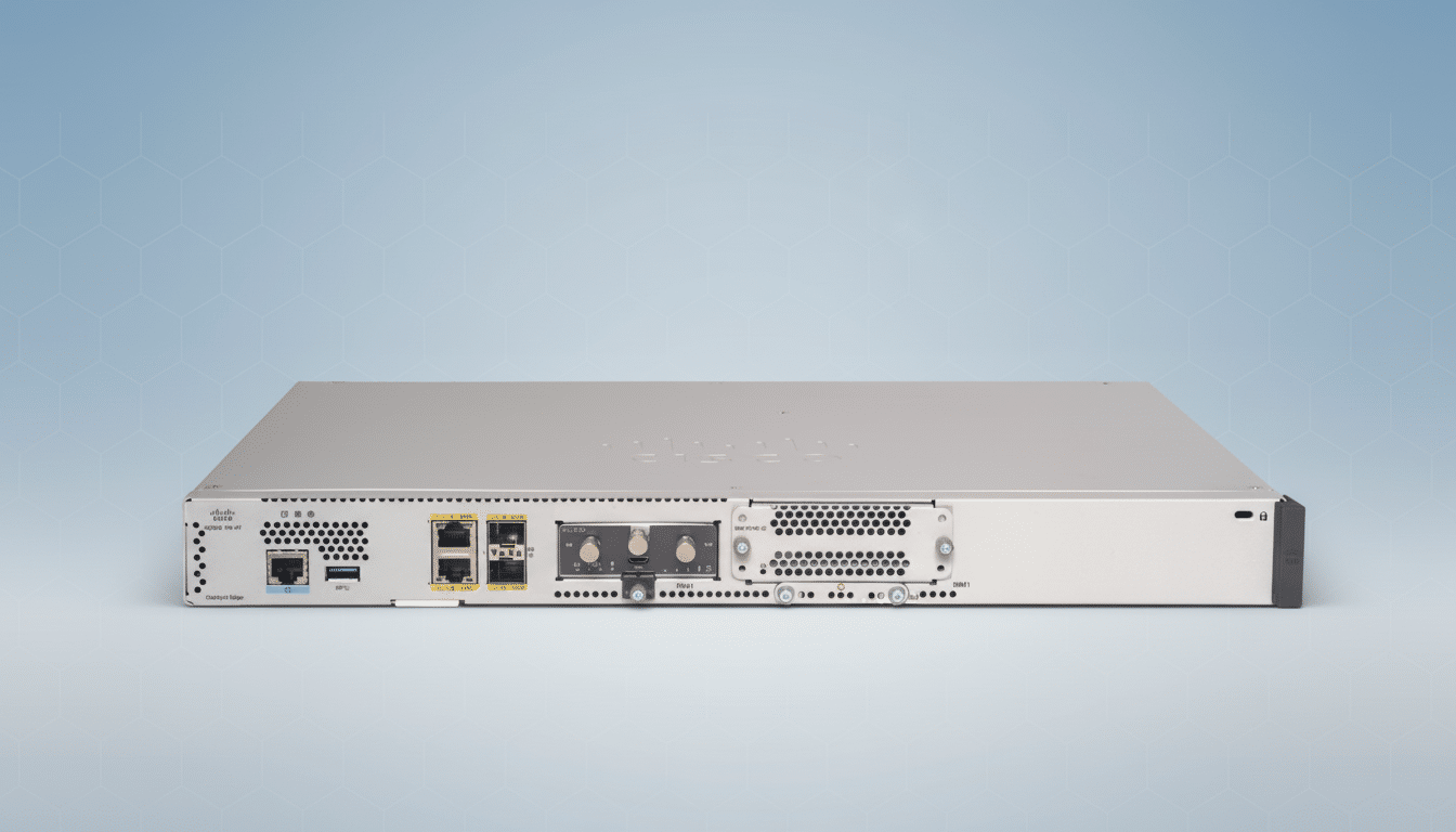 A Cisco Catalyst Edge device, model C9300-NM-4Y, is shown from the rear, featuring various ports and modules. The device is silver-grey with black accents, set against a professional light blue background with subtle geometric patterns.