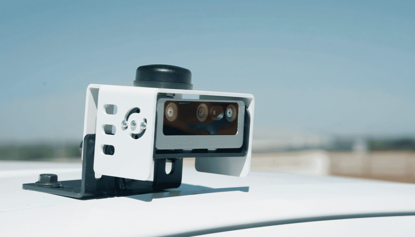 A white and black sensor device mounted on a white surface, with a clear blue sky in the background.