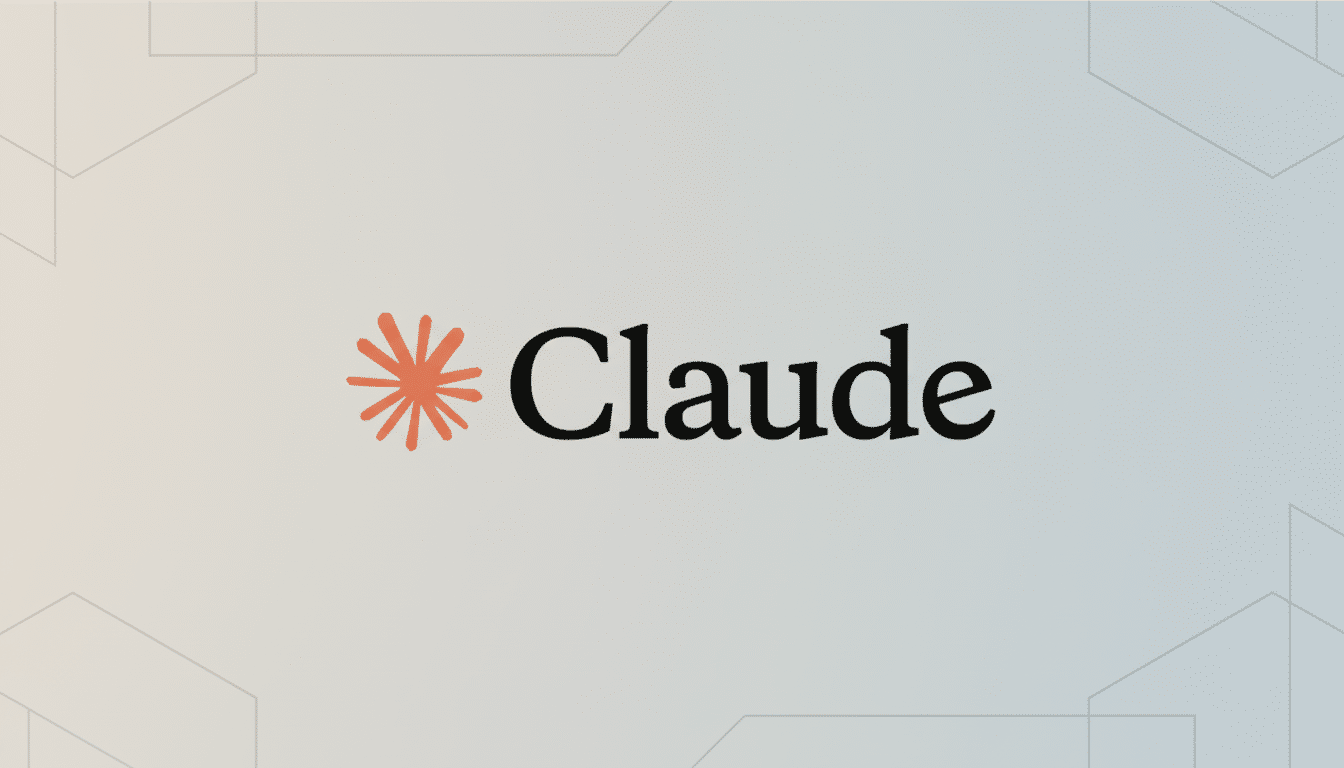 The Claude logo, featuring an orange asterisk-like symbol to the left of the word Claude in black text, presented on a professional flat design background with soft patterns and gradients.