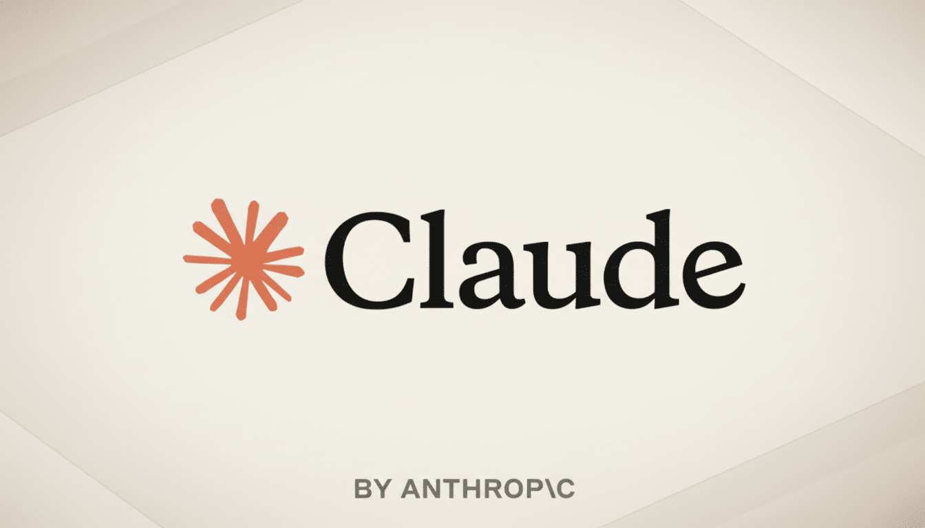 Claude logo by Anthropic. It features an orange starburst icon next to the word Claude in black, set on a professional light beige background with a subtle geometric pattern.
