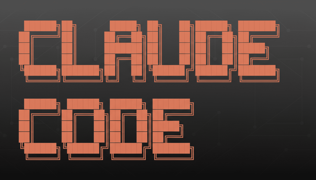 The words CLAUDE CODE are displayed in a pixelated, orange font on a dark gray background with subtle, interconnected lines forming a circuit-like pattern.