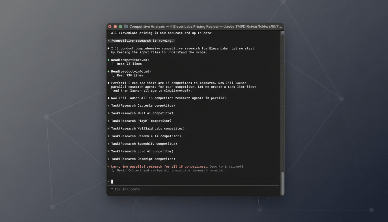 A screenshot of a terminal window displaying competitive analysis research for ElevenLabs, resized to a 16:9 aspect ratio with a professional flat design background featuring soft patterns.