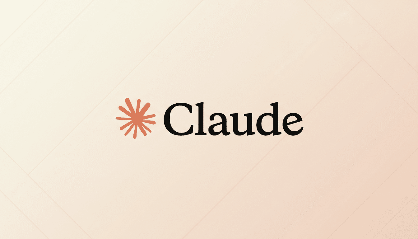 The Claude logo, featuring a stylized orange asterisk to the left of the word Claude in black text, set against a professional flat design background with soft, light peach gradients and subtle diagonal patterns.