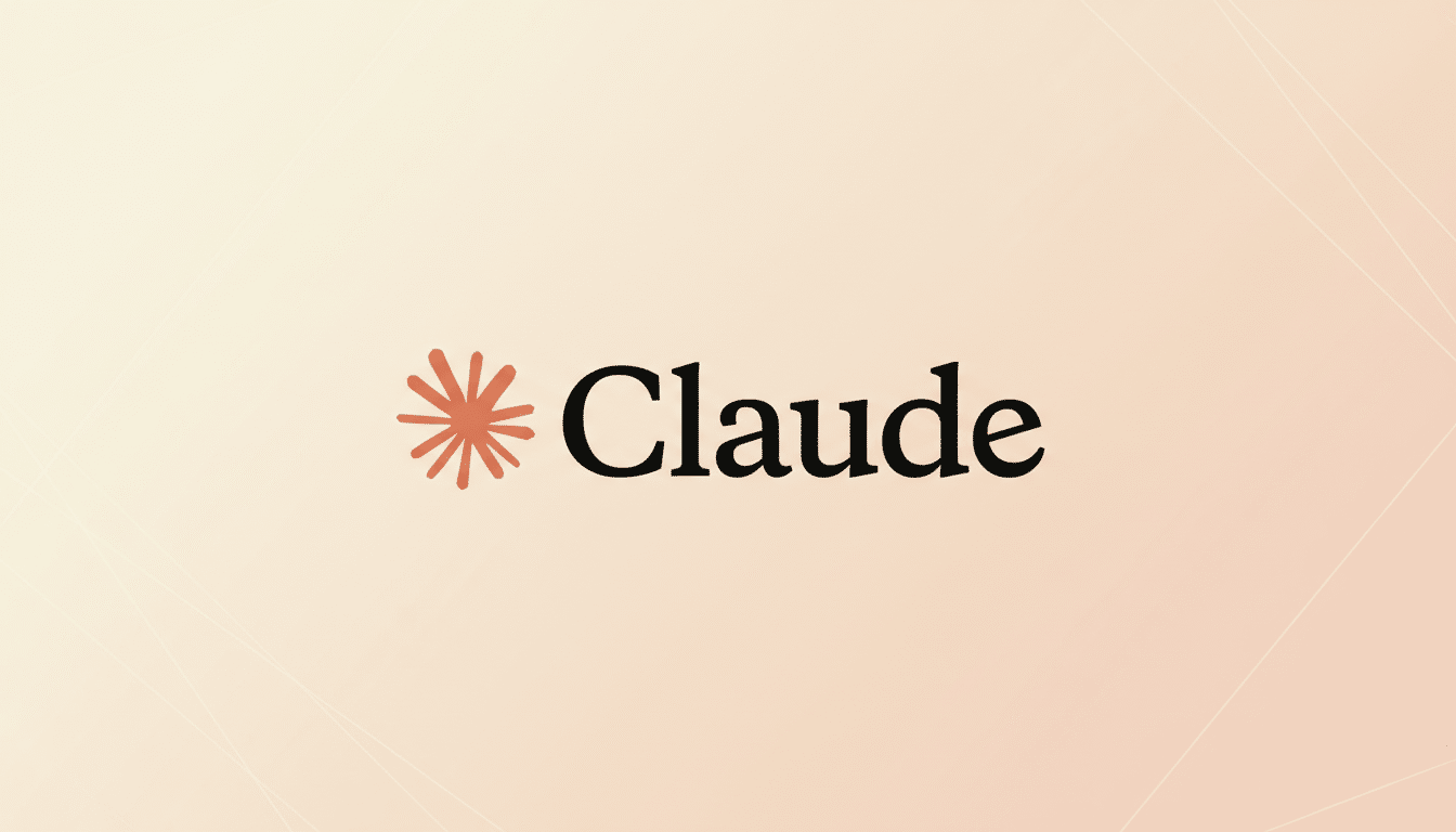 The Claude logo, featuring a stylized orange asterisk to the left of the word Claude in black text, presented on a soft, light peach gradient background with subtle geometric patterns, resized to a 16:9 aspect ratio.