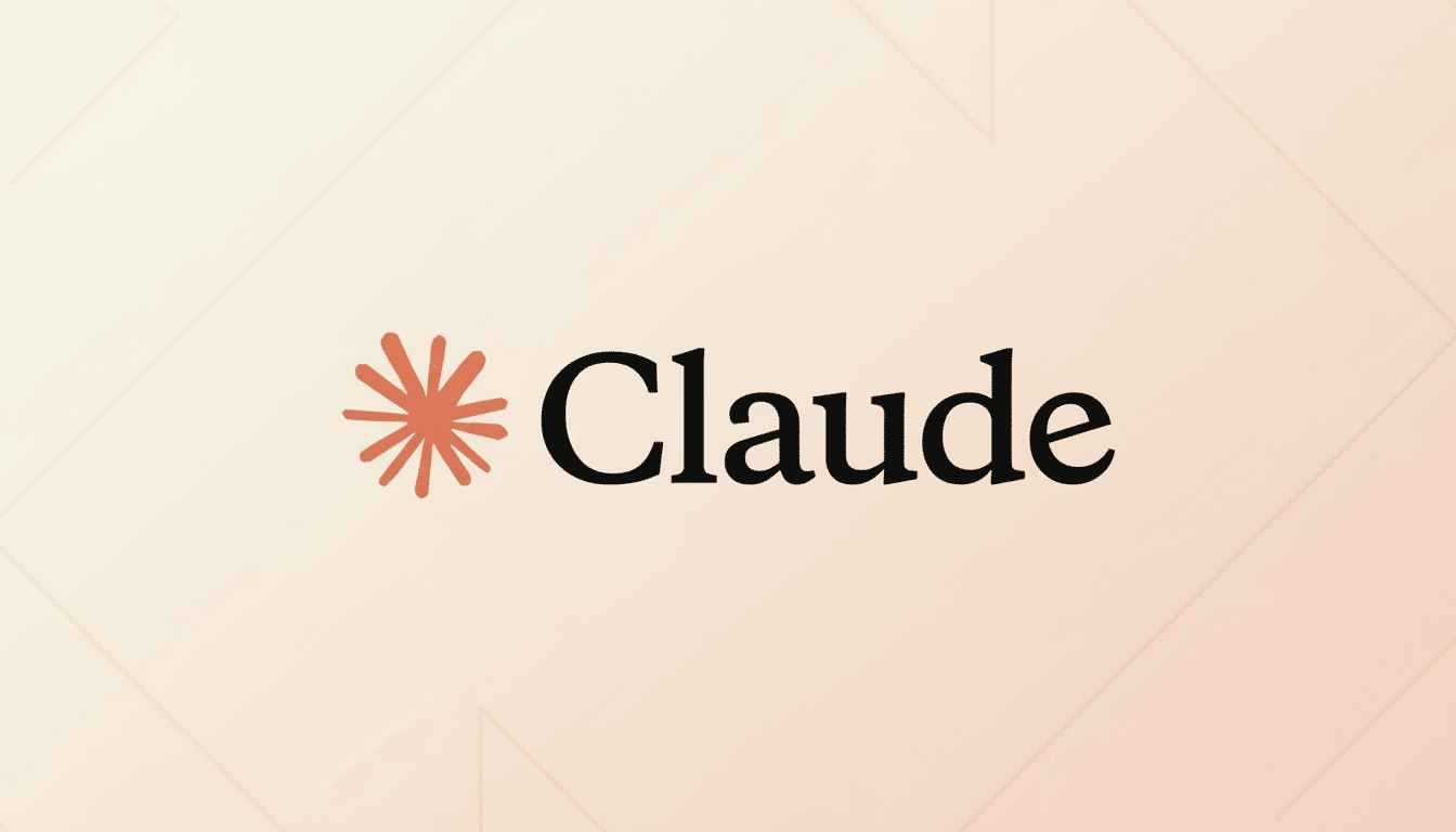 The Claude logo, featuring a stylized orange asterisk to the left of the word Claude in black text, set against a professional flat design background with soft patterns and gradients in a light peach hue.