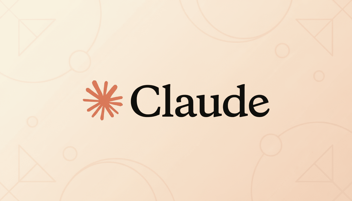 The Claude logo, featuring a stylized orange asterisk to the left of the word Claude in black text, presented on a professional flat design background with soft peach and cream gradients and subtle geometric patterns.