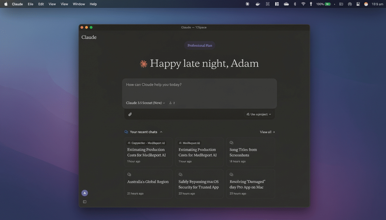 A screenshot of the Claude AI interface on a desktop, resized to a 16:9 aspect ratio. The interface displays a greeting Happy late night, Adam and recent chat titles, with a professional, clean presentation.