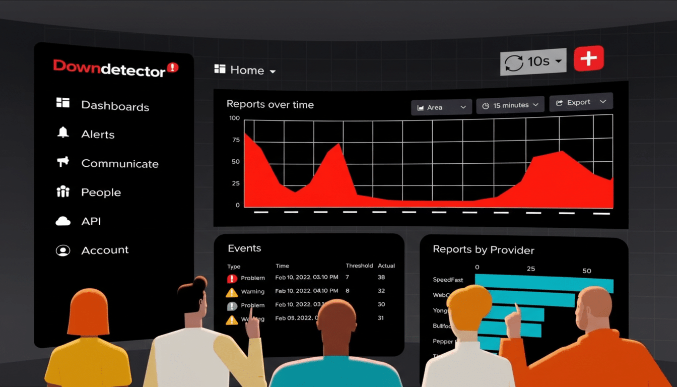 A screenshot of the Downdetector dashboard showing reports over time, events, and reports by provider, with four people looking at the screen.