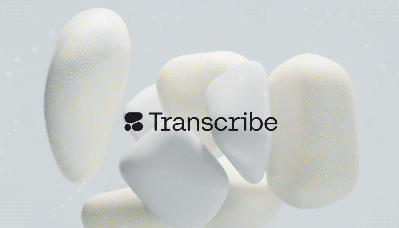 The Transcribe logo in black text with a stylized icon of two dots, centered against a light gray background with abstract, smooth, off-white shapes, some with subtle yellow dot patterns, and a faint, soft geometric pattern in the background.