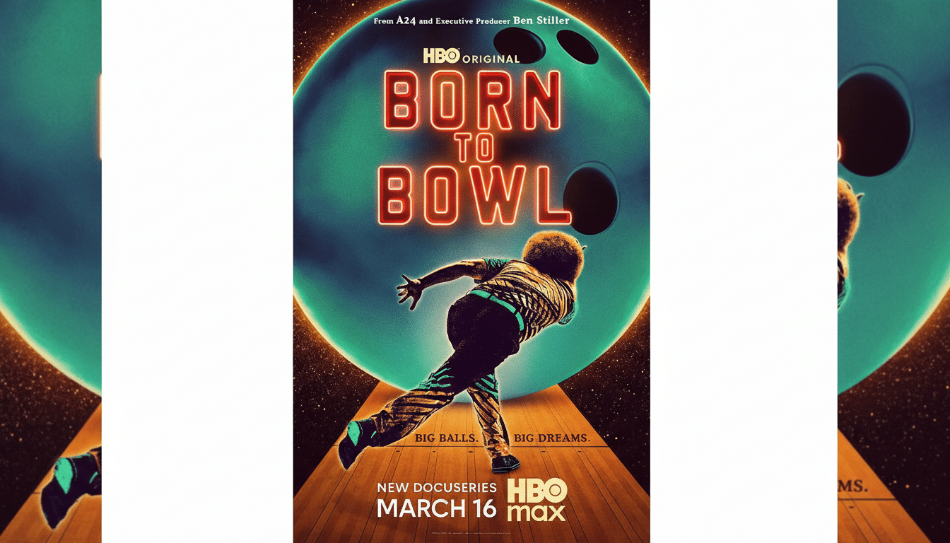 A movie poster for Born to Bowl featuring a bowler in action against a large bowling ball, resized to a 16:9 aspect ratio with the original background preserved.