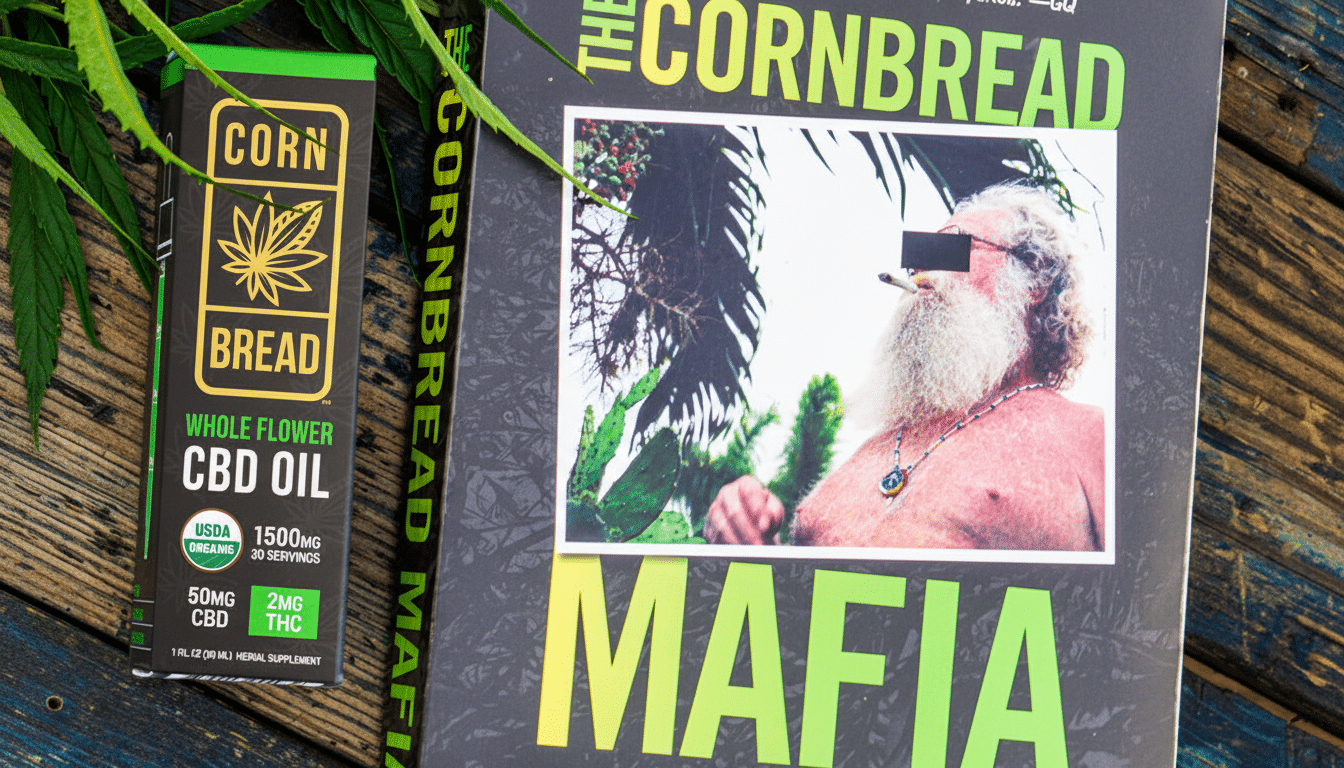 A 16:9 aspect ratio image showing a bottle of Cornbread Whole Flower CBD Oil next to a book titled The Cornbread Mafia, with a man smoking on the cover.