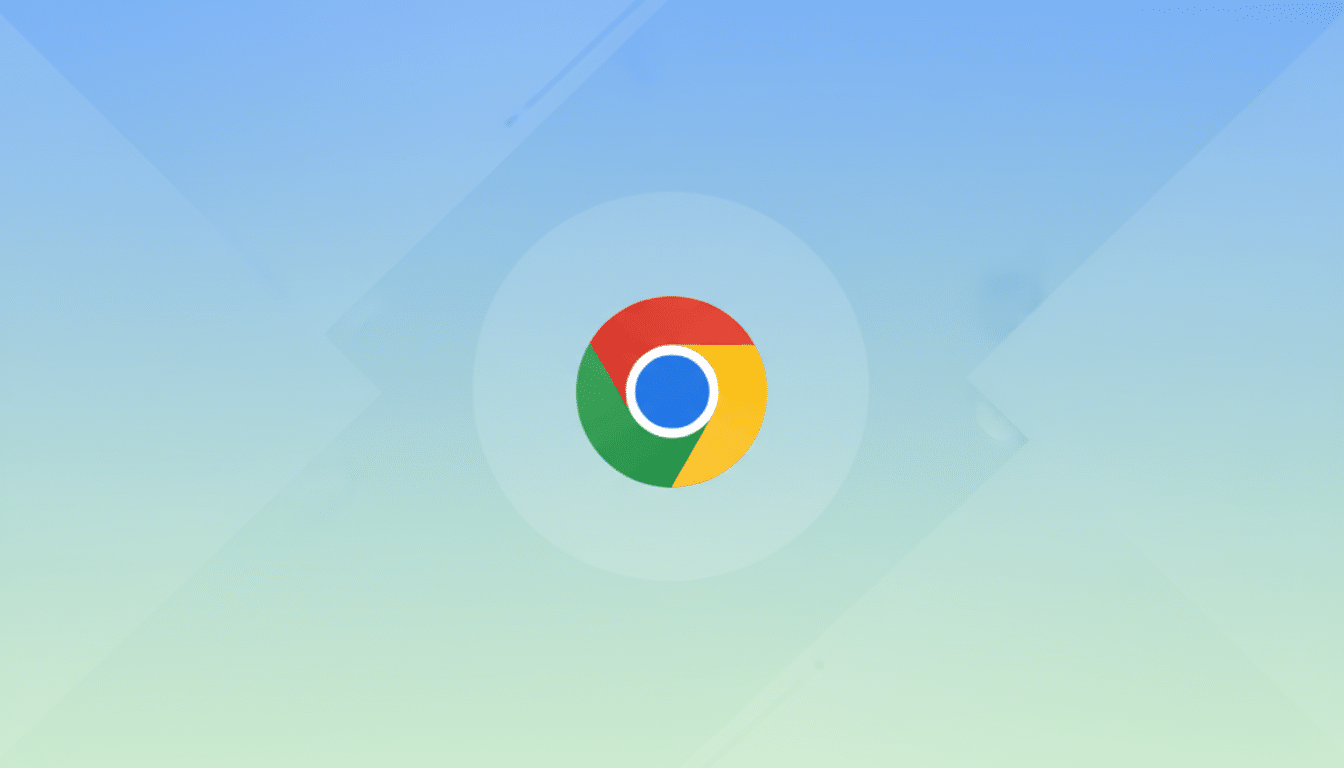 The Google Chrome logo centered on a professional flat design background with soft blue and green gradients and subtle geometric patterns.