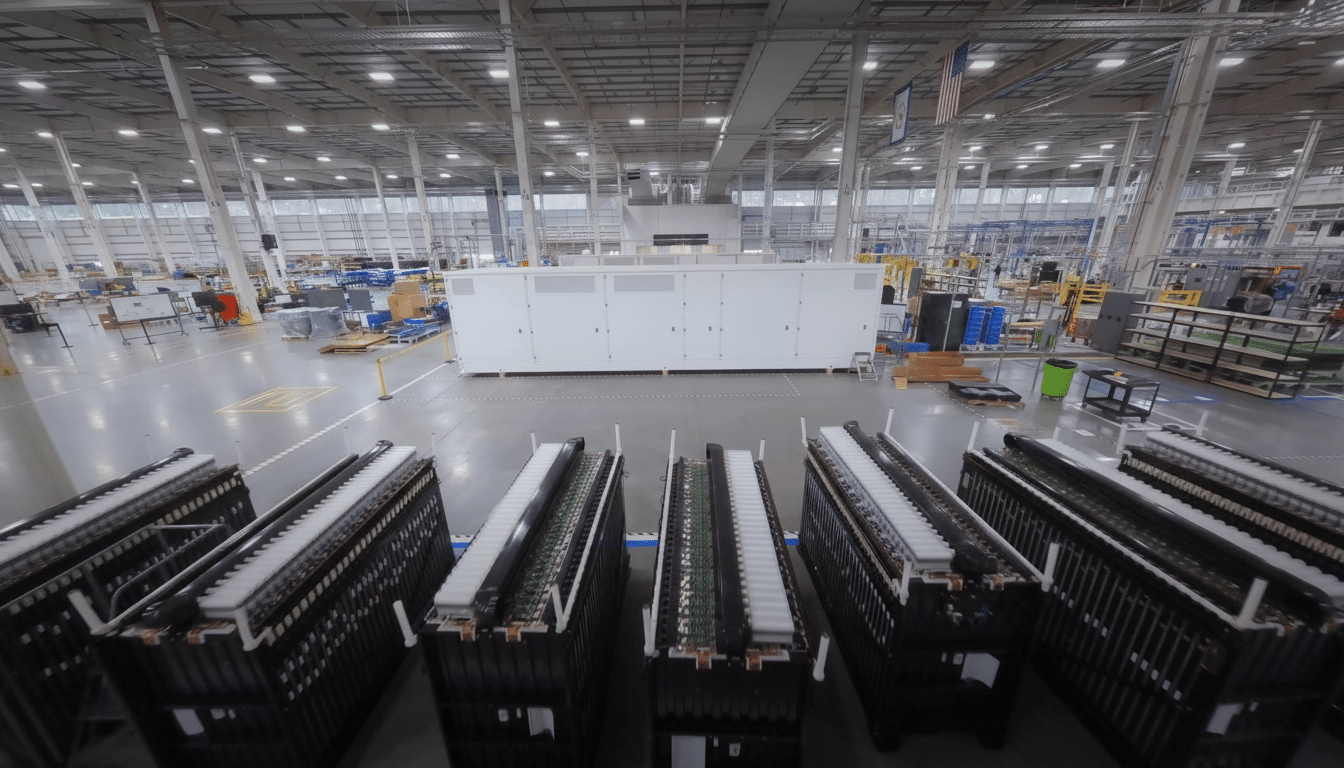 An industrial facility with rows of large, dark machinery in the foreground and a large white structure in the background, under a high ceiling with many lights.
