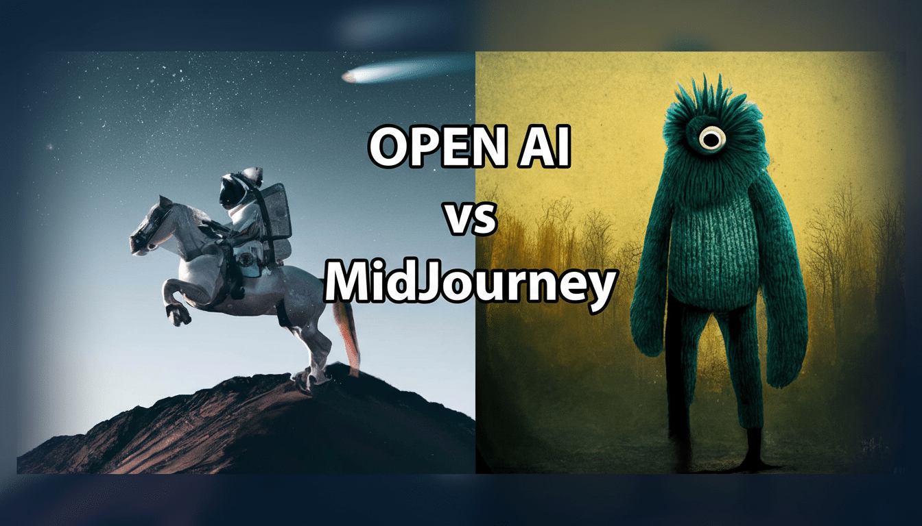 A split image comparing OPEN AI vs MidJourney. The left side shows an astronaut riding a white horse on a rocky landscape under a starry sky with a comet. The right side features a teal, furry, one-eyed monster standing in a dark, textured environment.