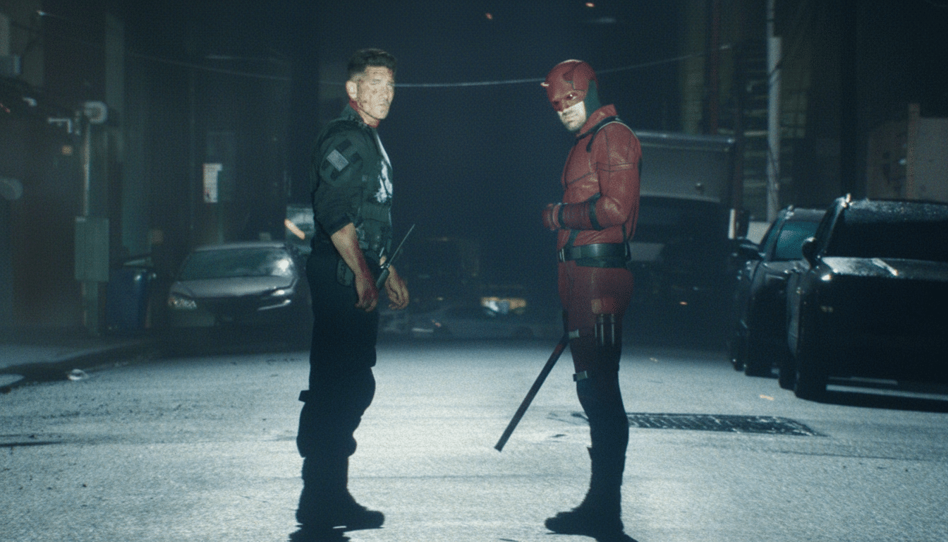 The Punisher and Daredevil stand facing each other on a dark, wet street at night.