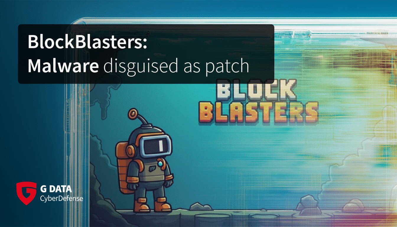 A 16:9 aspect ratio image with a blue gradient background, featuring a cartoon astronaut character from the game Block Blasters on a rocky landscape. A dark overlay with white text reads BlockBlasters: Malware disguised as patch. The G DATA CyberDefense logo is in the bottom left corner.