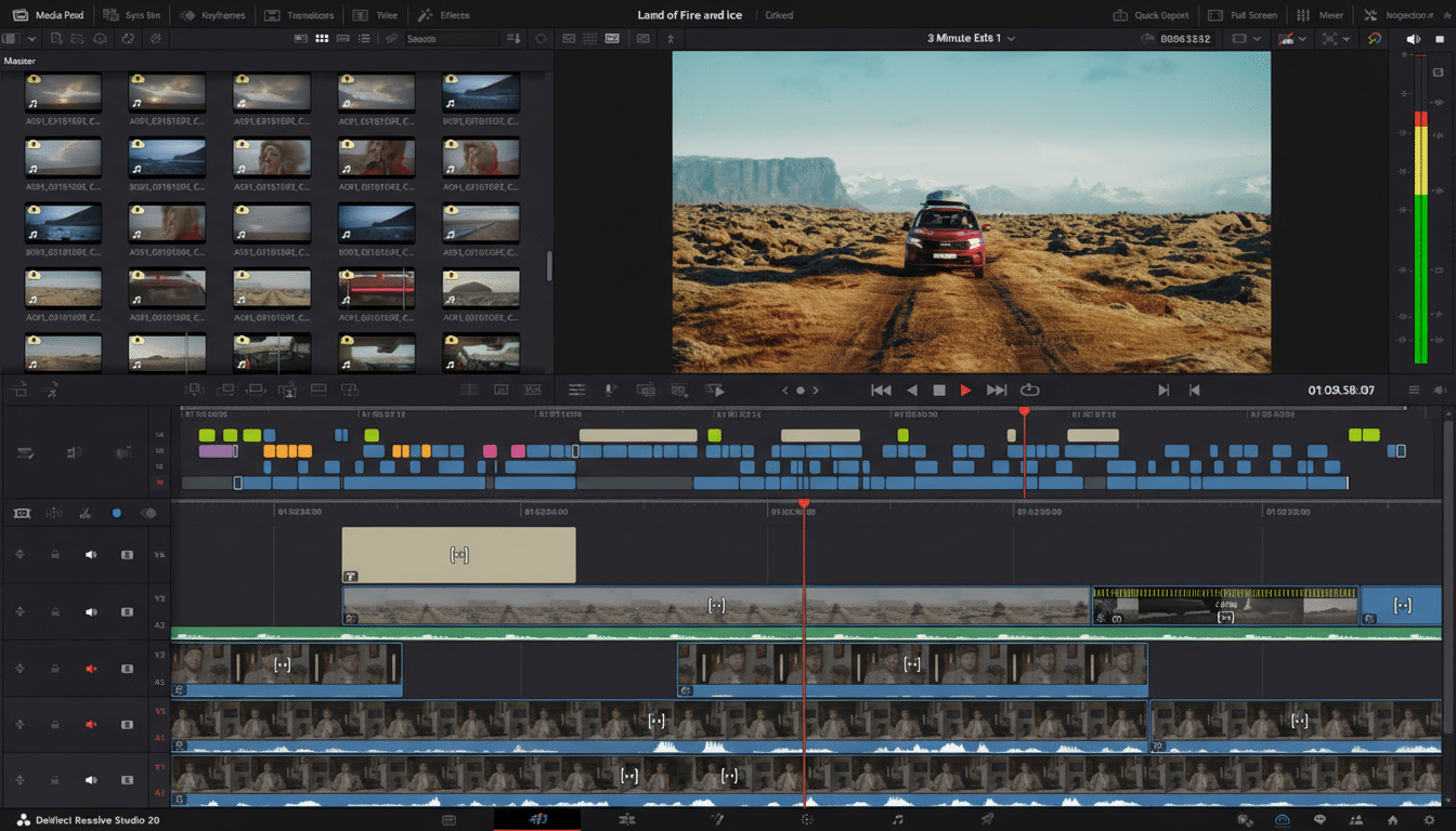 A screenshot of DaVinci Resolve Studio 20, a video editing software, showing a timeline with various clips and a preview window displaying a red car on a dirt road in a mountainous landscape.