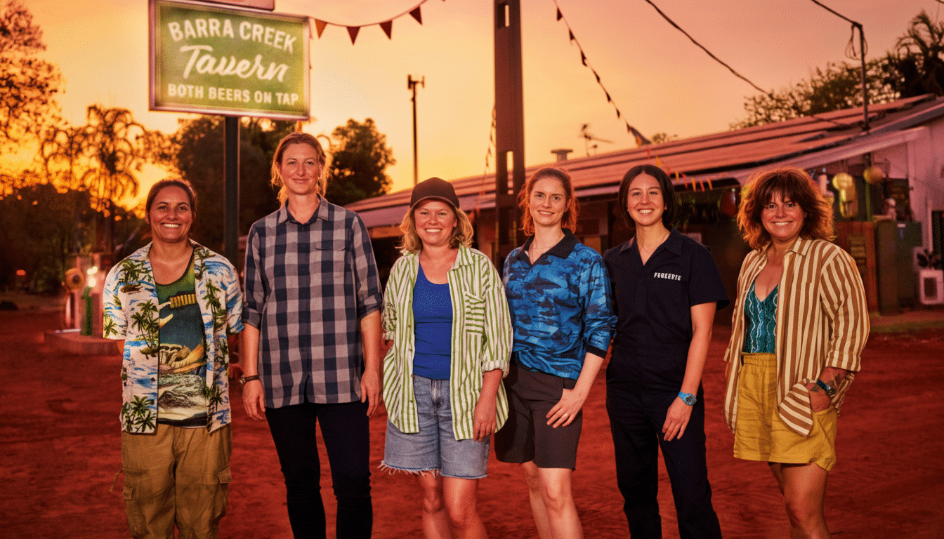 Six people standing in front of a tavern sign at sunset.