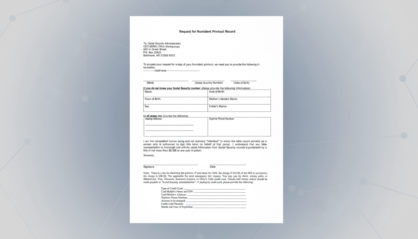 A professional, enhanced image of a Request for Numident Printout Record form, set against a subtle gray background with a soft, abstract pattern. The form is centered and clearly legible, maintaining its original content and layout.