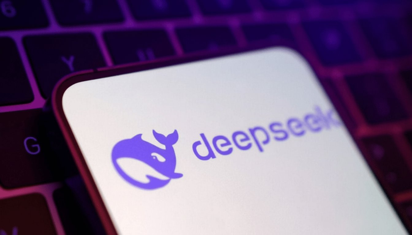 A smartphone displaying the Deepseek logo and name, resting on a keyboard with purple backlighting.