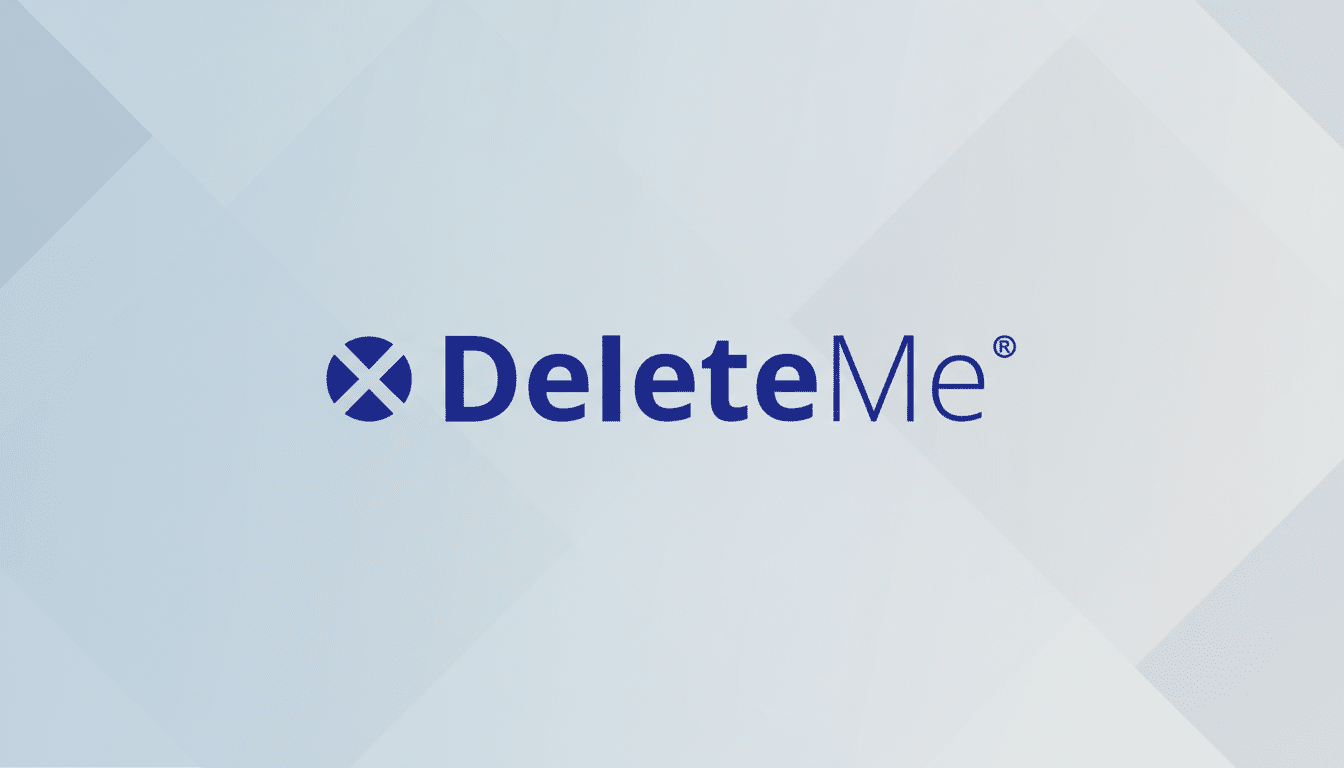 The DeleteMe logo, featuring a blue X icon followed by the word DeleteMe in blue text with a registered trademark symbol, presented on a professional light blue and white geometric background.