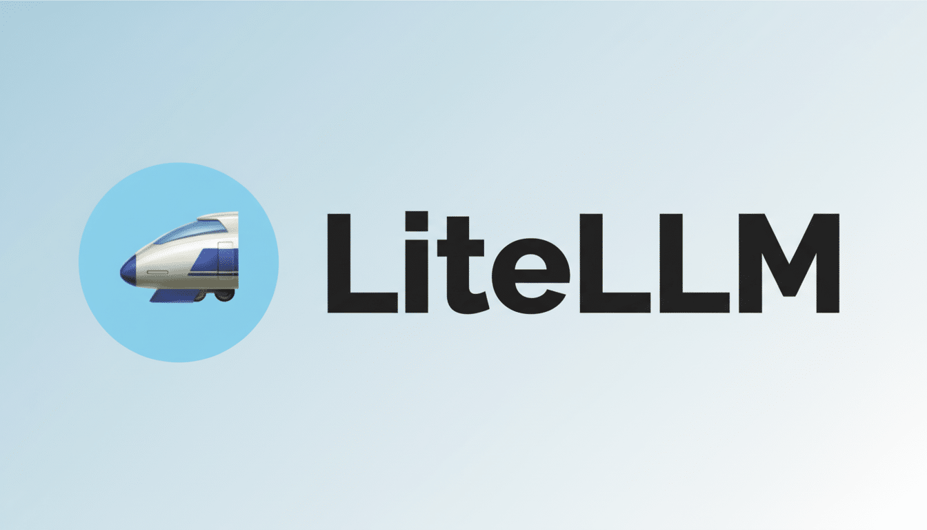 The LiteLLM logo, featuring a blue circle with a white and blue high-speed train icon on the left, and the word LiteLLM in bold black text on the right, set against a professional light blue gradient background.