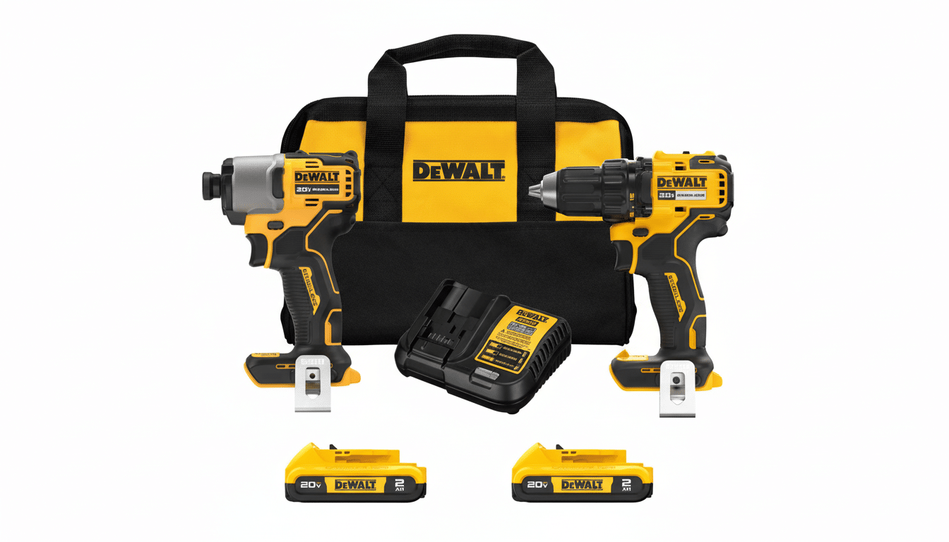 A DeWalt 20V MAX Brushless Cordless Drill/Driver and Impact Driver Combo Kit, including two tools, two batteries, a charger, and a carrying bag, presented on a clean white background.