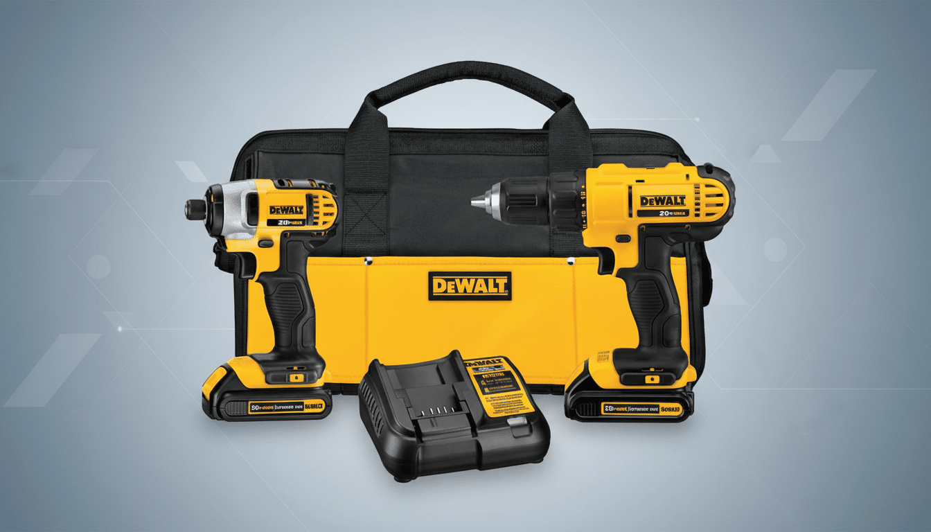 A professional image of a DeWalt 20V MAX cordless drill and impact driver combo kit, including a charger and a black and yellow tool bag, presented on a clean, soft gray background with subtle geometric patterns.