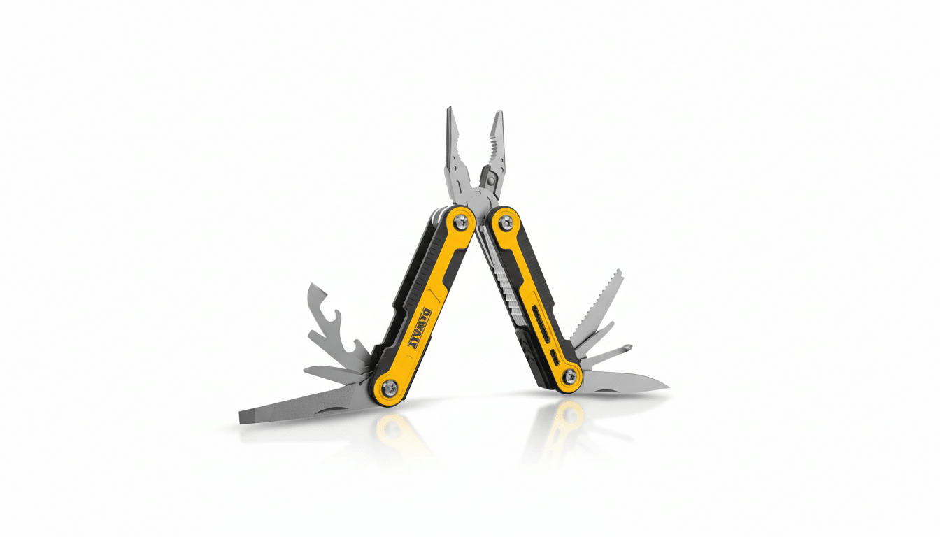 A DeWalt multi-tool, open and displaying its various components, set against a clean white background.