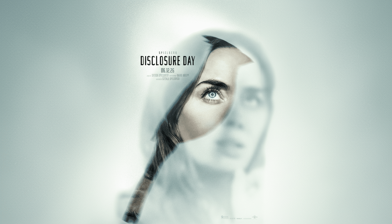 A movie poster for Disclosure Day featuring a close-up of a womans blue eye, partially obscured by a reflective surface, with the title and release date visible.