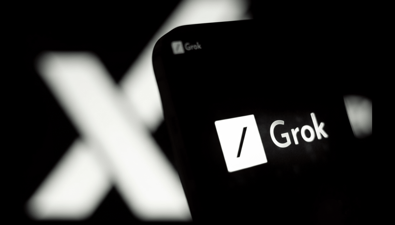 A close-up, professionally enhanced image of a smartphone screen displaying the Grok logo and name, with a blurred X logo in the background, resized to a 16:9 aspect ratio.