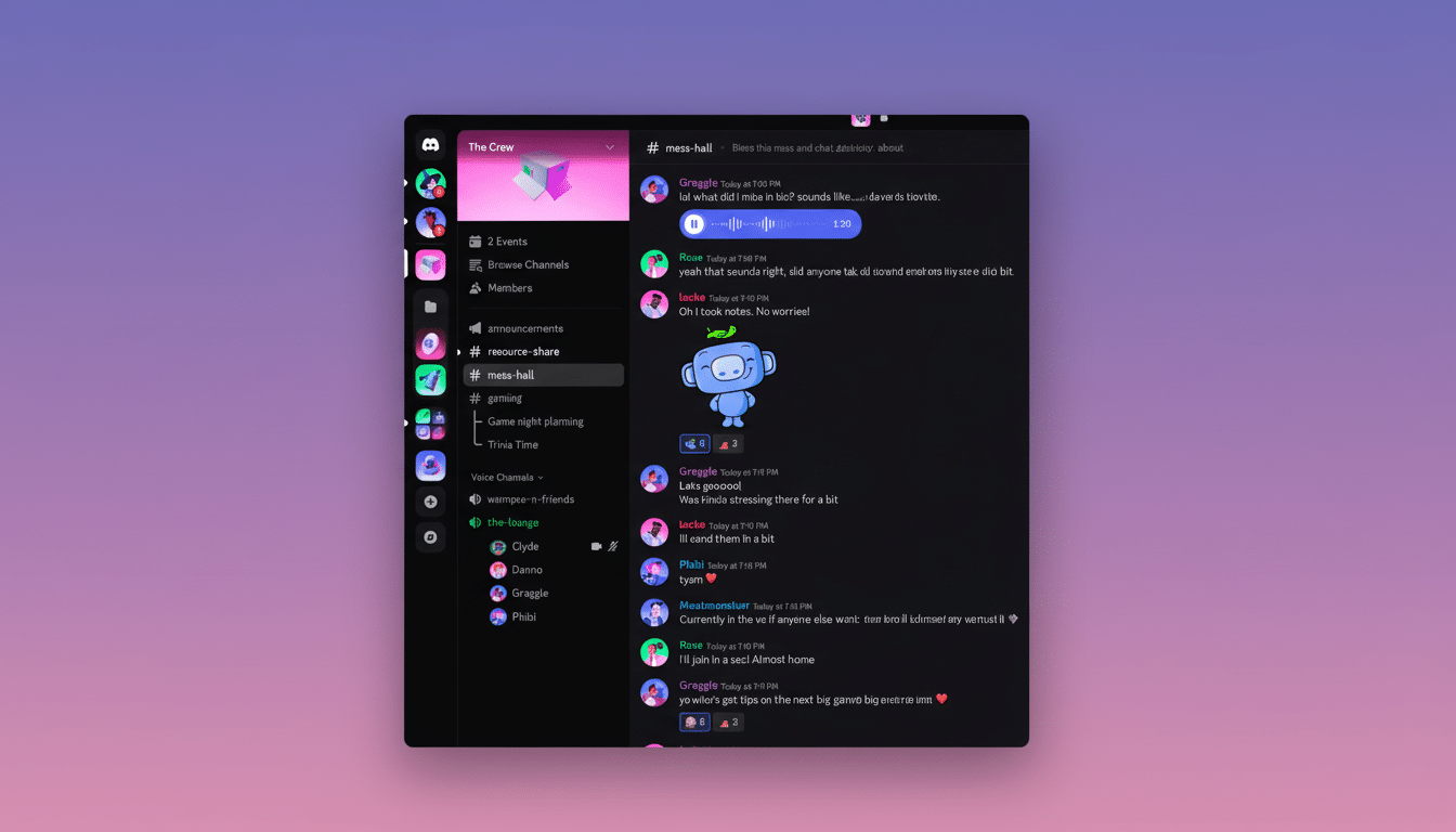 A Discord application window is centered on a gradient background, displaying a chat interface with various channels and user conversations.