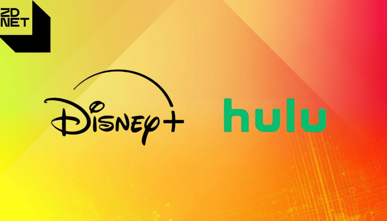 The ZDNET logo in the top left corner, with the Disney+ logo and the Hulu logo side-by-side on a vibrant red and yellow gradient background.