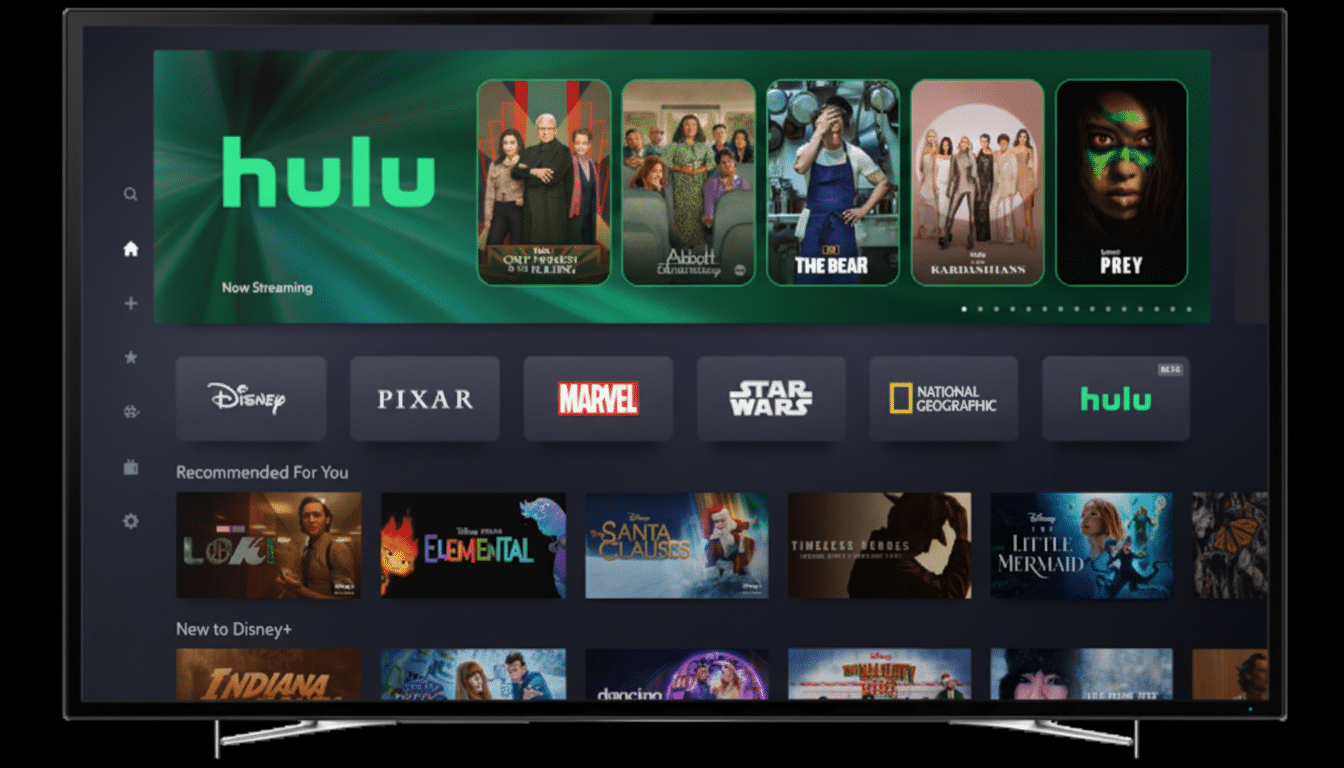 A television screen displaying the Hulu streaming service interface, featuring various shows and movies.
