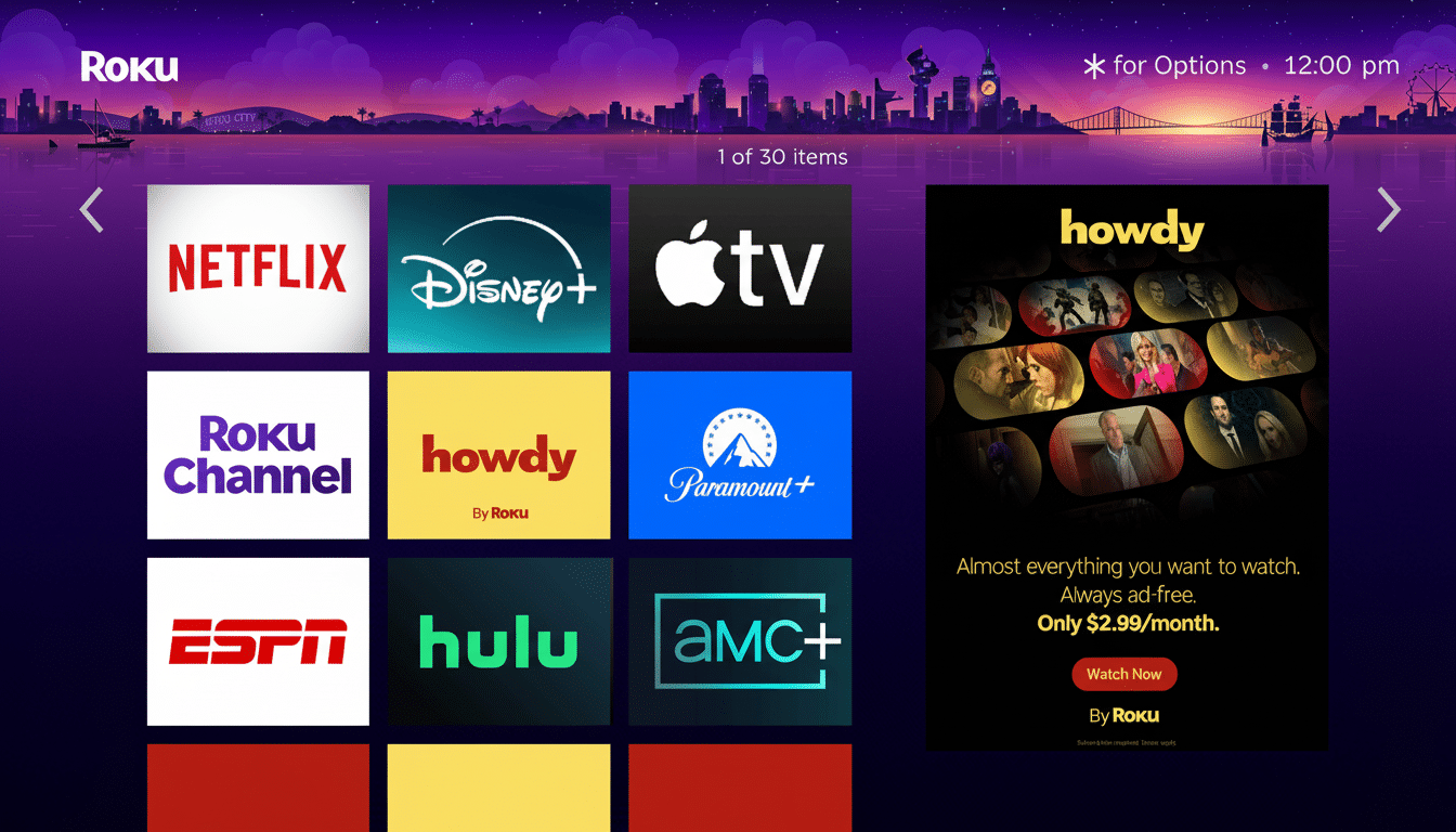 A screenshot of the Roku home screen displaying various streaming service apps and an advertisement for howdy streaming service.