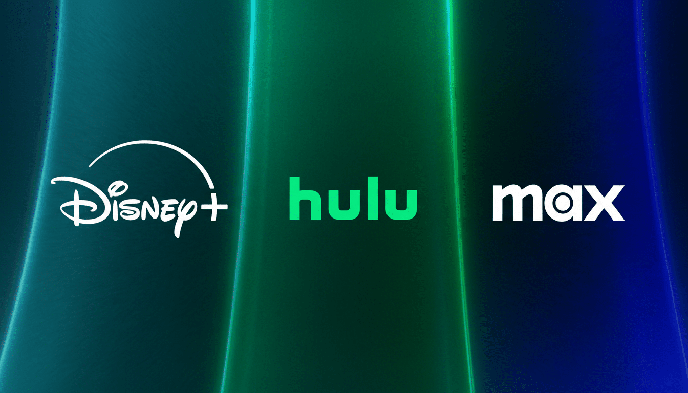 The logos for Disney+, Hulu, and Max streaming services are displayed side-by-side on a dark background with green and blue light accents.