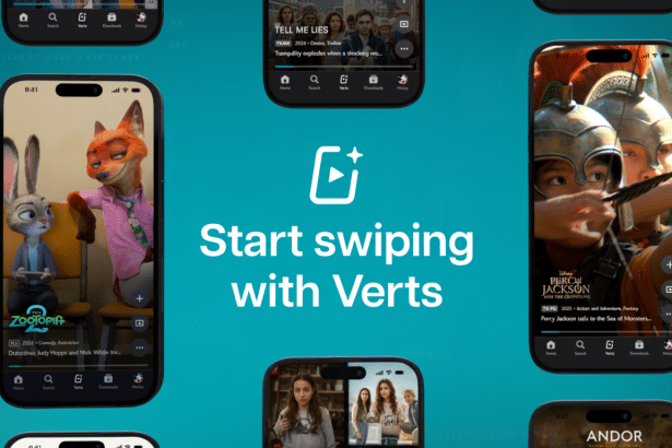 A professional 16:9 aspect ratio image featuring multiple smartphones displaying various streaming content, with the central text Start swiping with Verts and a play icon.
