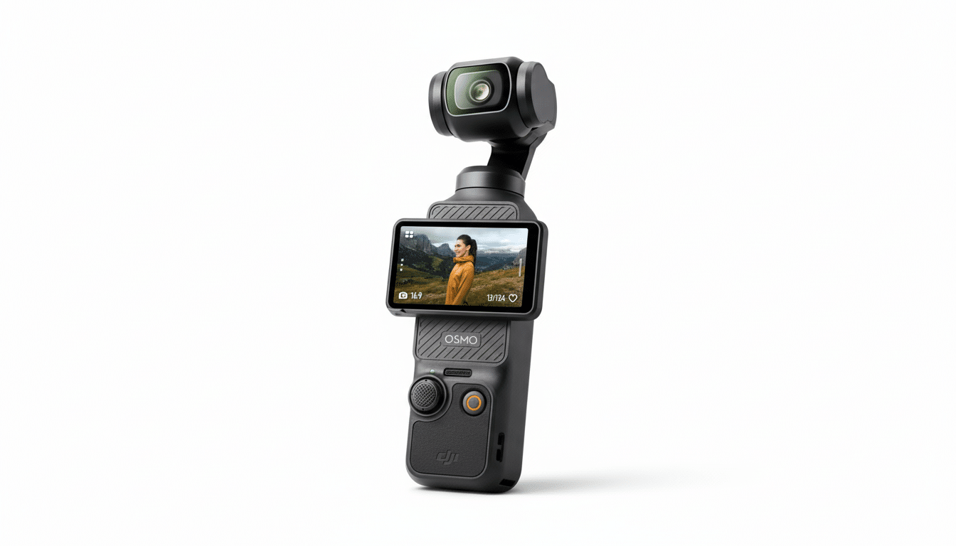 A black DJI Osmo Pocket 3 camera with a screen displaying a woman in a yellow jacket standing in a mountainous landscape, presented on a clean white background.
