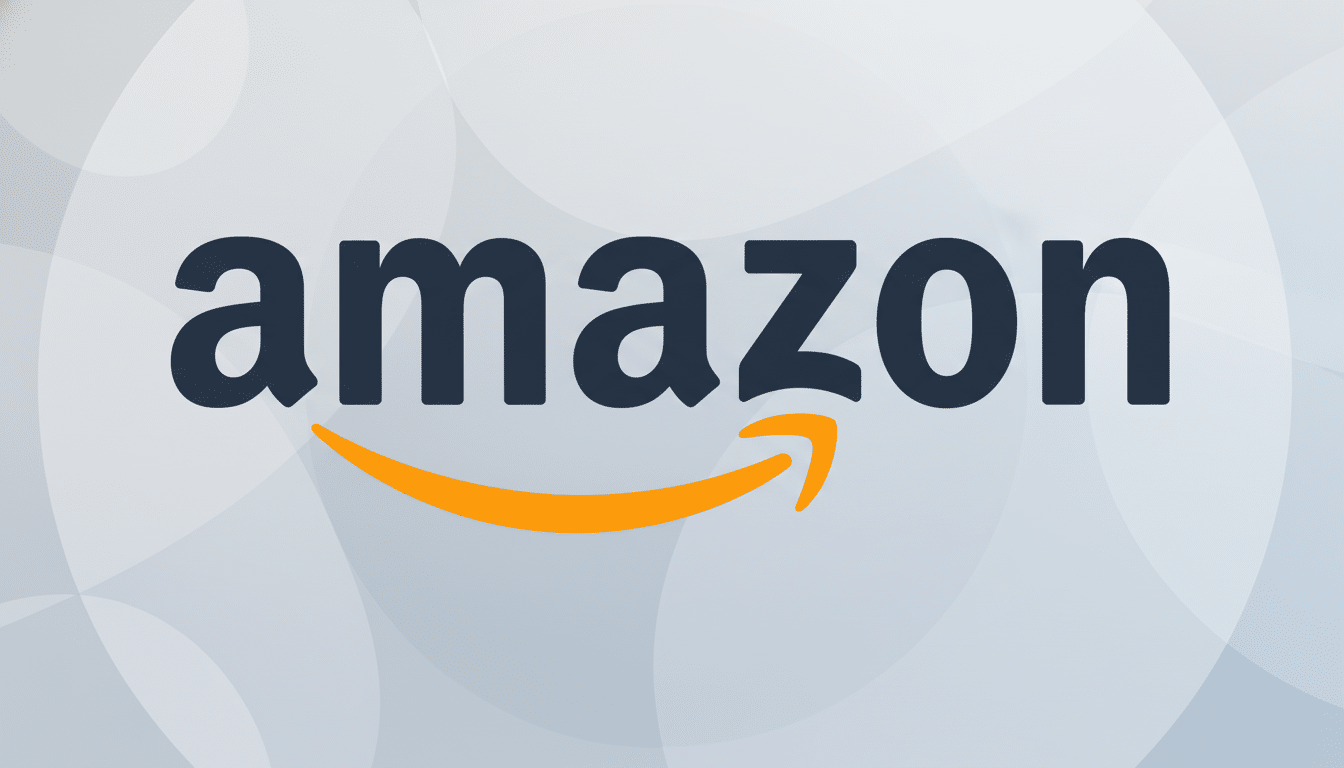 The Amazon logo, featuring the word amazon in black lowercase letters with an orange arrow curving from the a to the z, presented on a professional light grey background with subtle, soft geometric patterns.