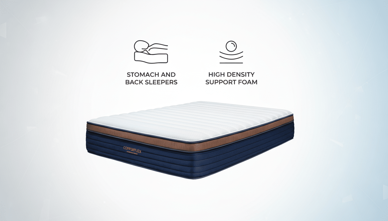 A Copperflex mattress with a white top, brown trim, and dark blue base, set against a professional light blue gradient background with subtle patterns. Above the mattress are two icons: one depicting a person sleeping on their stomach or back, and another representing high-density support foam.