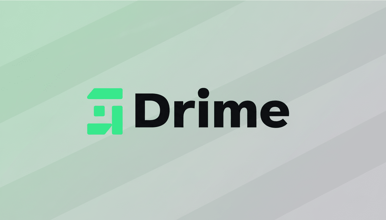 The Drime logo, featuring a green abstract geometric design to the left of the black text Drime, presented on a professional flat background with soft green and grey diagonal gradient stripes.