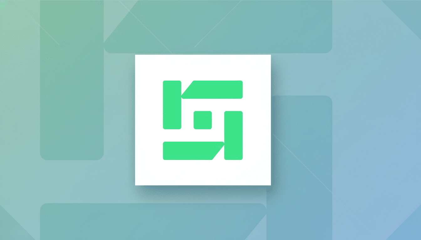 A green abstract logo on a white square, centered on a professional flat design background with soft blue and green gradients and subtle geometric patterns.